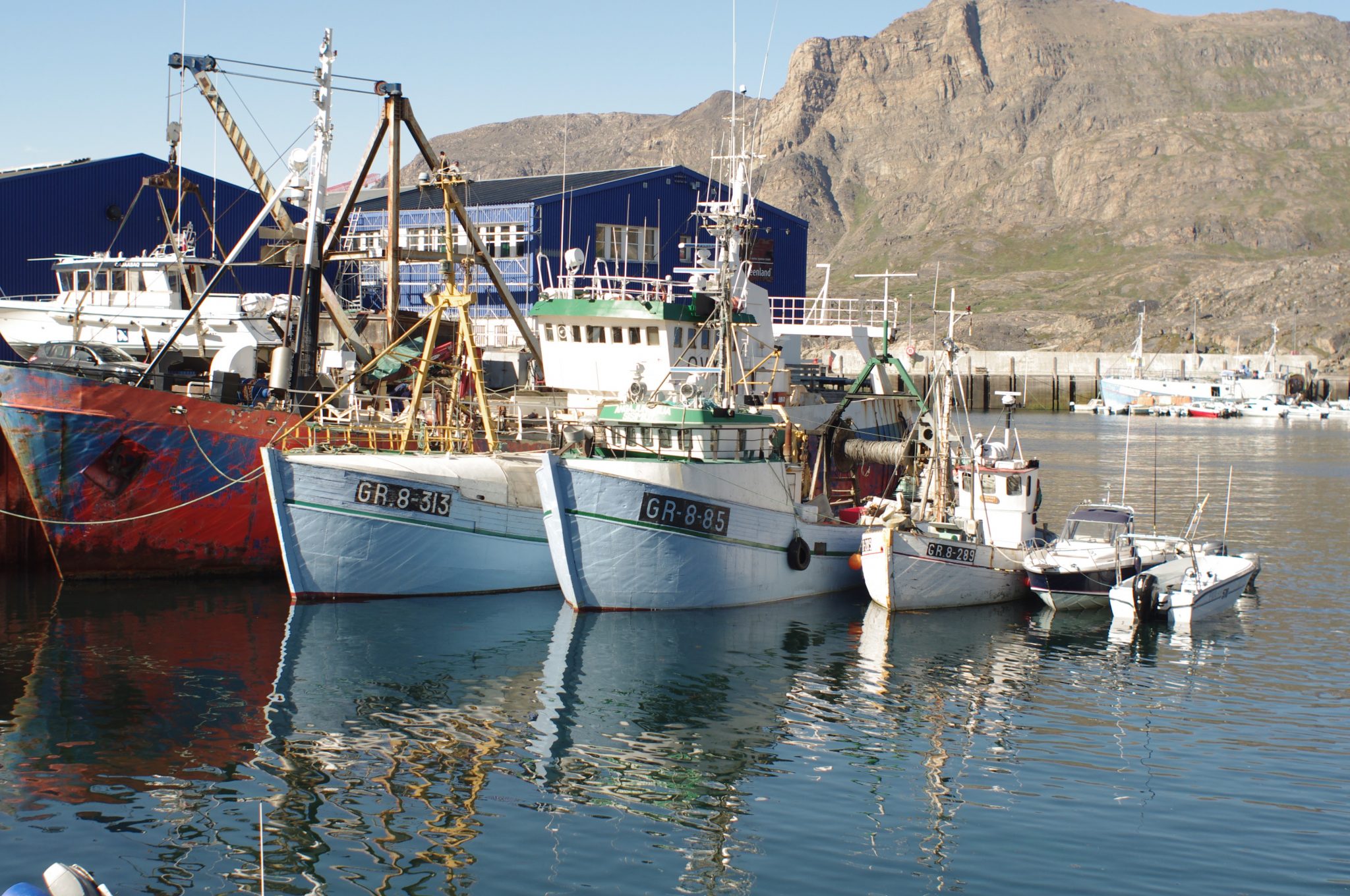 Fishing boats tied up in Sisimiut, Greenland.