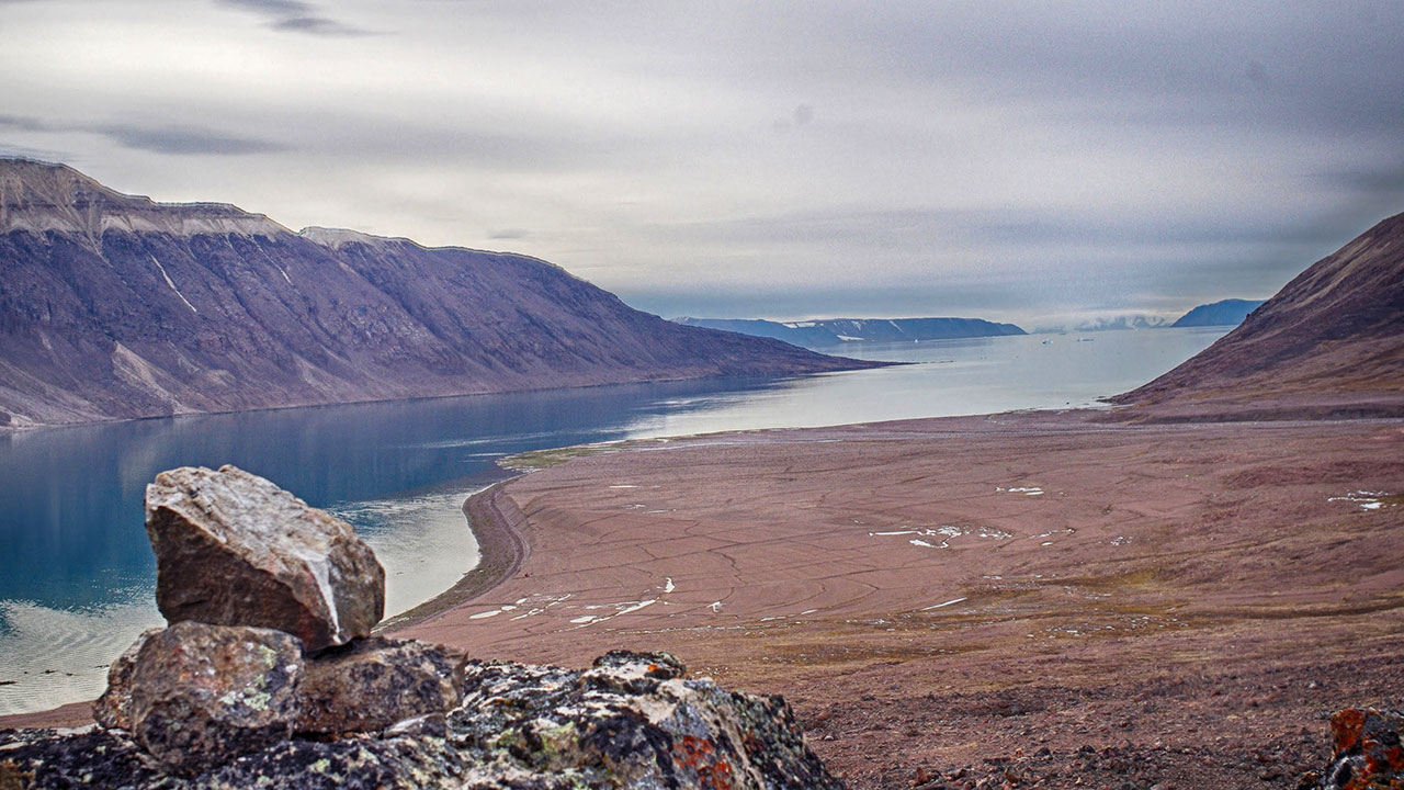 A gyrfalcon perch sits recently abandoned above a fjord of the Davis Strait.