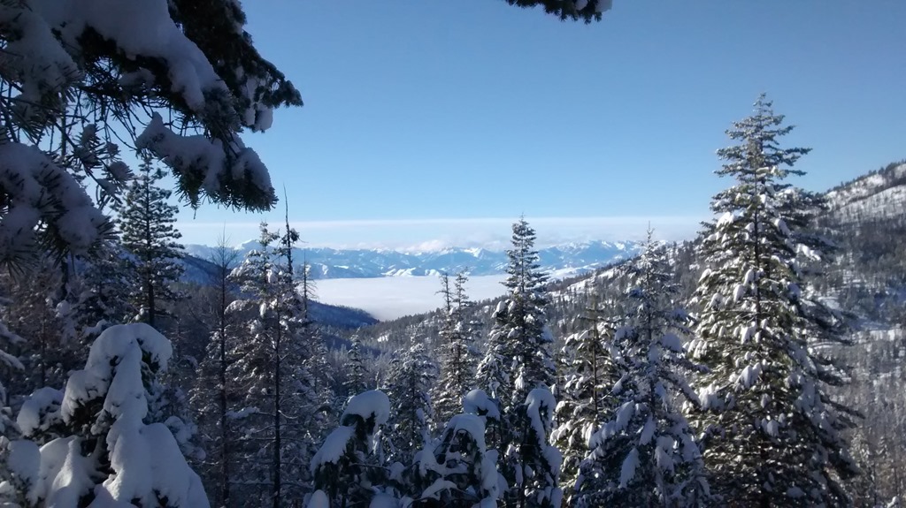 Snowy trees above a distant valley and mountains from Loup Loup pass near the Methow Valley, a weekend getaway from seattle