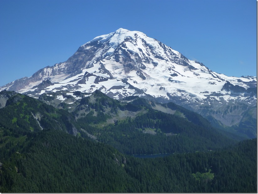 A high glaciated mountain with forest in the foreground against a blue sky