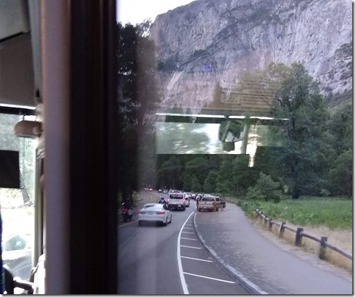 yosemite valley traffic photo taken from a YARTS bus. Buses are a good way to avoid crowds in national parks