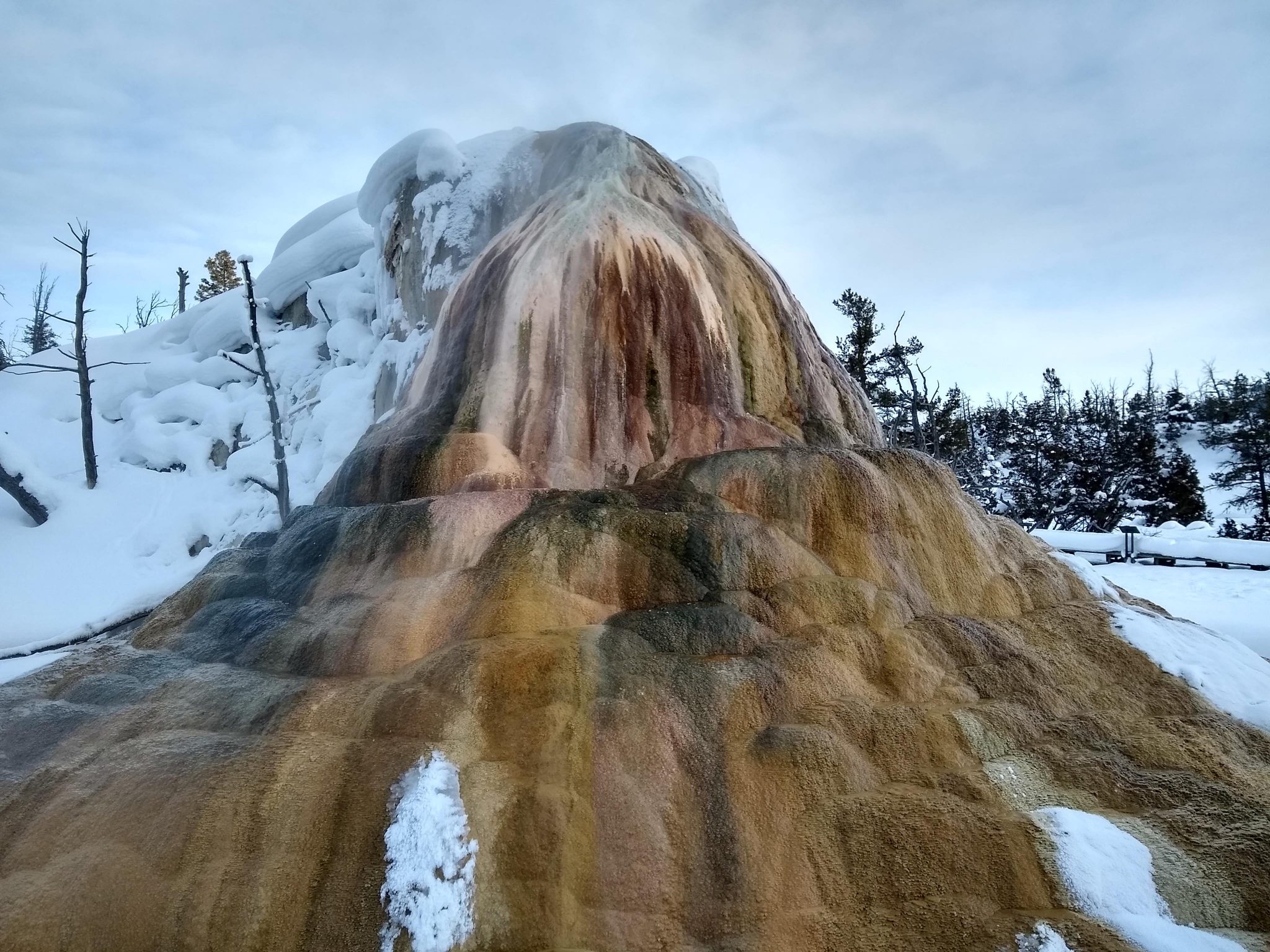 A hot spring in a large mound partially covered in snow