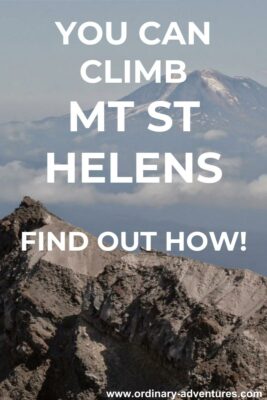 The crater rim on a Mt St Helens climb in the foreground with Mt Adams in the distance. Text reads: You can climb Mt St Helens, find out how