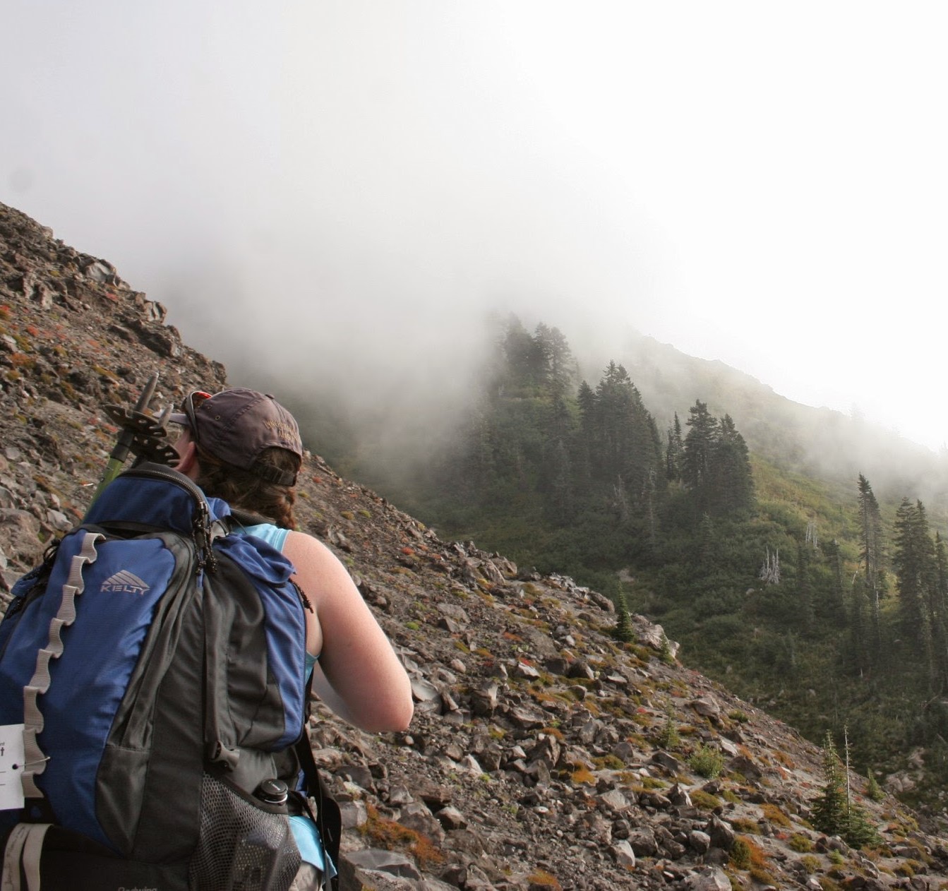 A hiker with a blue backpack looks uphill across a field of rocks with trees in the background and fog