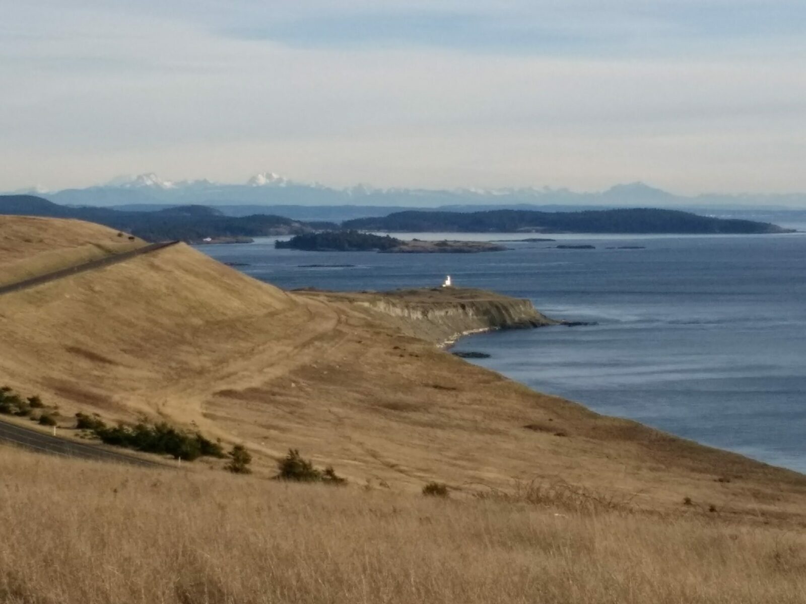 A field along a beach with a lighthouse and distant islands and mountains from the best hike on san juan island, mt finlayson
