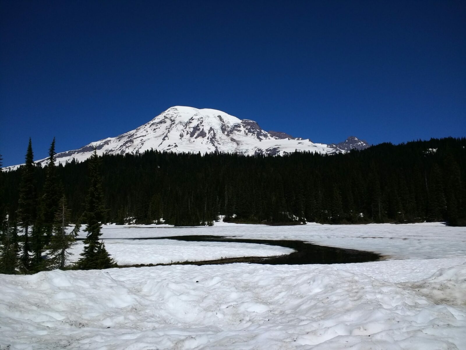 Large snow covered mountain behind a forested hillside. In the foreground there is a partially frozen lake