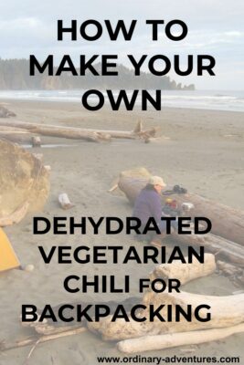 Sandy beach with driftwood surrounded by evergreen trees and ocean. There are clouds in the sky and a yellow tent. A women is using a backpacking stove. Text reads: how to make your own dehydrated vegetarian chili for backpacking
