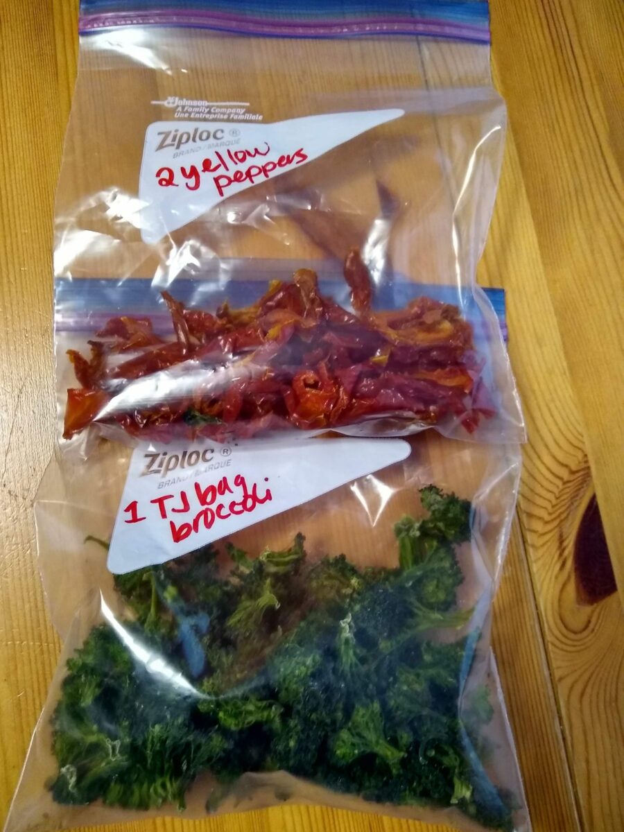 Two bags of dehydrated vegetables ready for storage