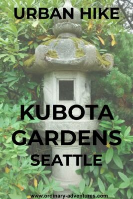 A stone sculpture that looks like a small house surrounded by green foliage. Text reads urban hike Kubota gardens seattle