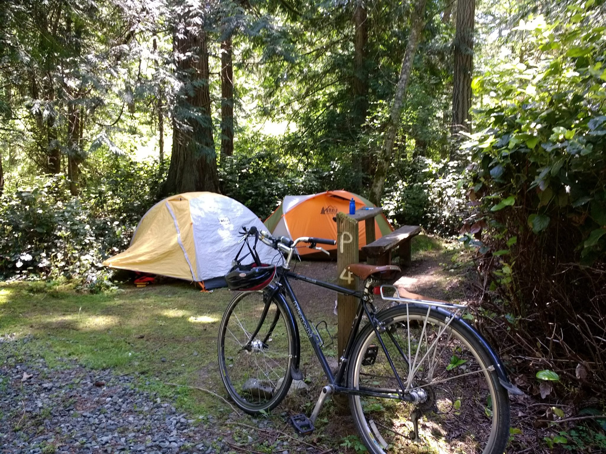 Lopez Island bike camping at Spencer Spit State park. It's a small campsite in the forest with two orange and white tents, a small bench and a bike leaning against a wooden post.