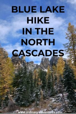 Golden larches mix with evergreen trees against high mountains on the Blue lake larch hike. There is a dusting of snow on the trees and rocks and the sky is blue with white clouds. Text reads: Blue Lake hike in the North Cascades