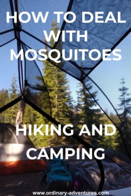 A photo taken inside a backpacking tent to deal with mosquitoes. In the foreground is a backpack and a jacket as well as another tent. The campsite is surrounded by evergreen trees and a blue sky day. Text reads: how to deal with mosquitoes hiking and camping