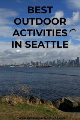 The Seattle skyline is seen from a distance across the water. There is a tanker ship in the harbor as well as a sailboat. There are two birds flying against a blue and cloudy sky. In the foreground on the shore there are rocks and grass. Text reads: Best Outdoor activities in Seatttle