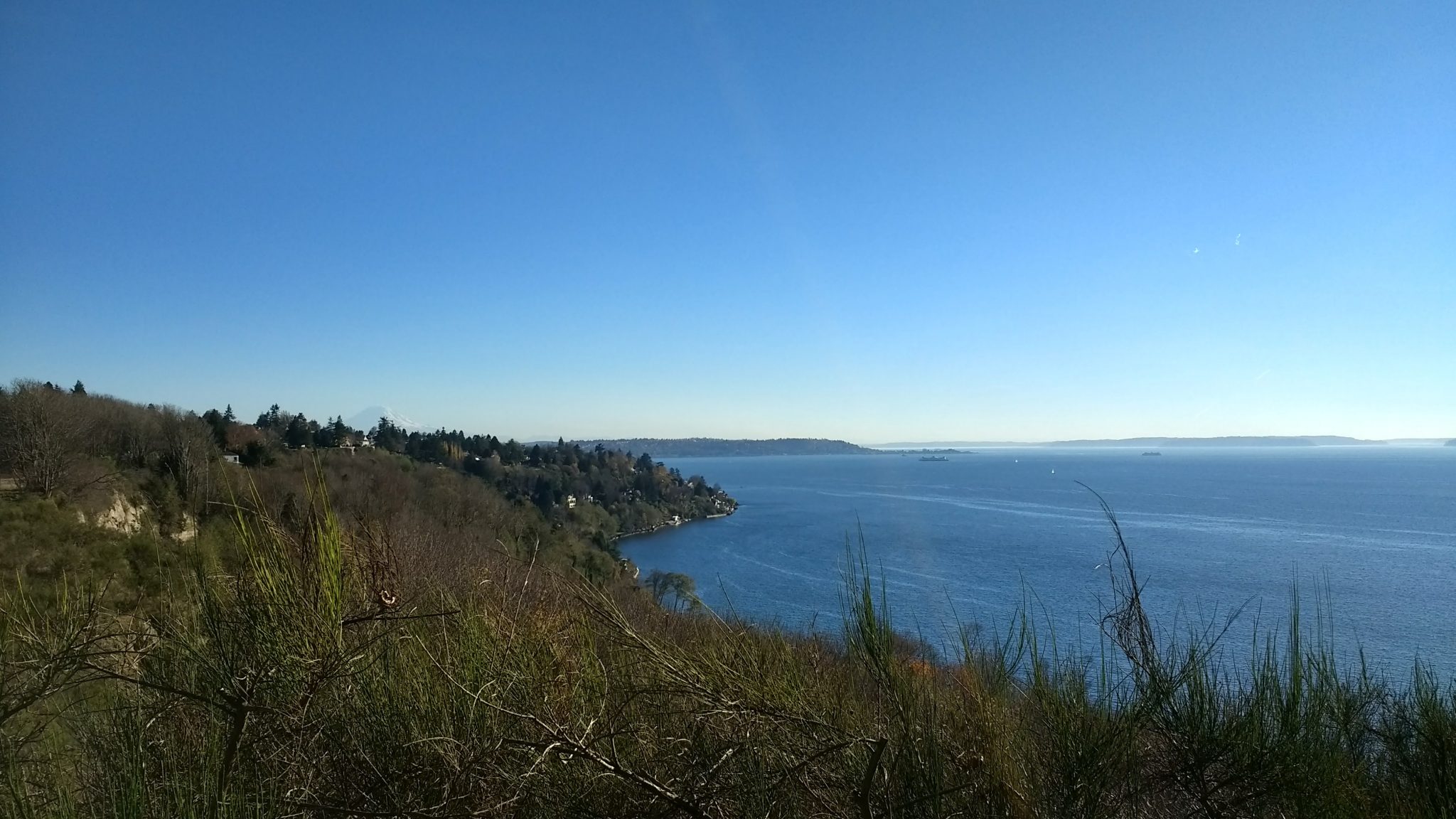 Blue water in the distance with boats on it. Distant forested hills are seen and in the foreground some low bushes