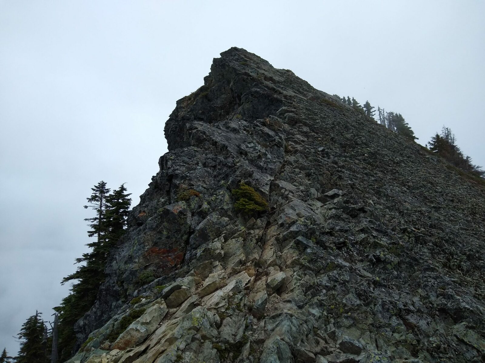 The summit block on the McClellan Butte hike. It is an angled gray rock sticking into the fog, surrounded with a few evergreen trees