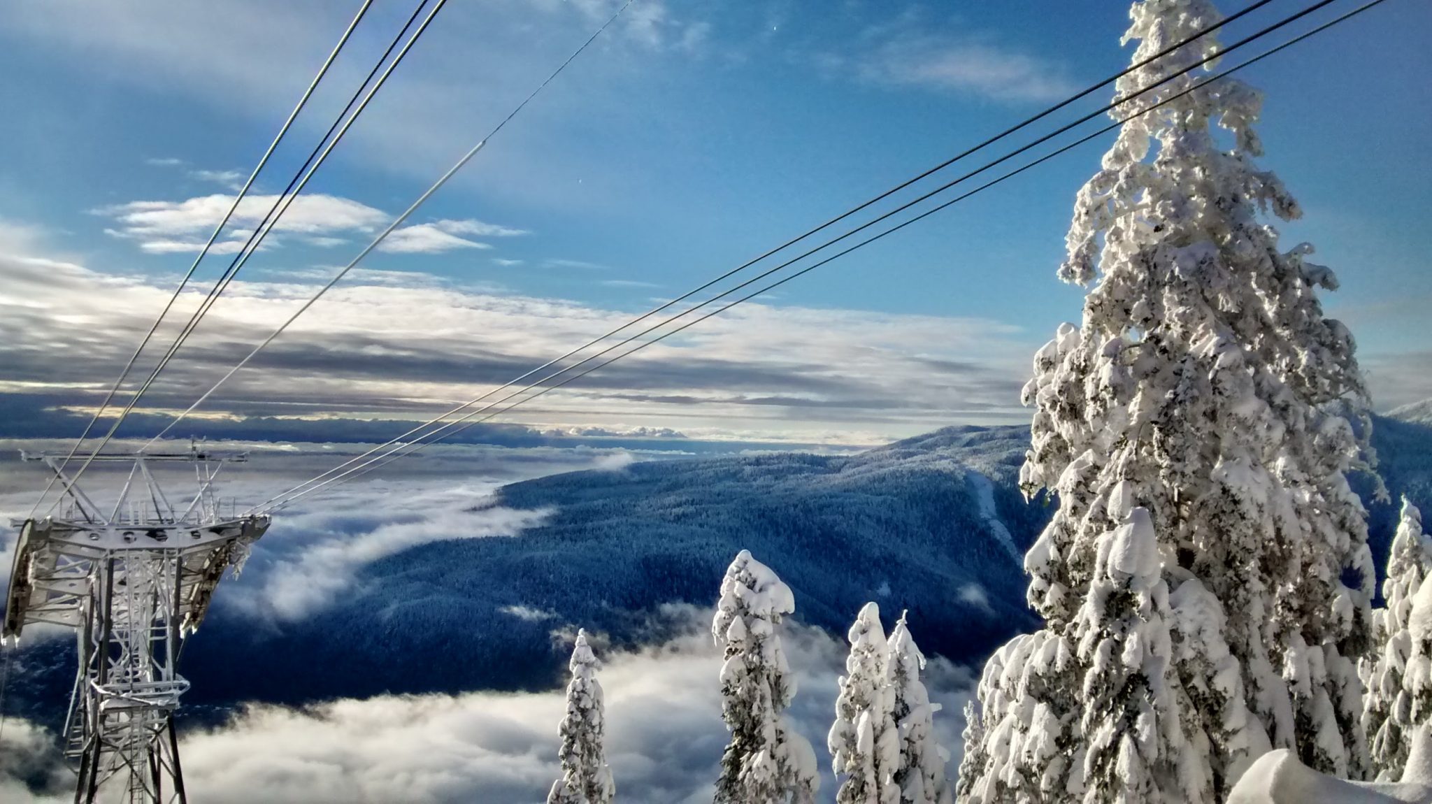Snow covered trees and cables in the foreground. Clouds and forested hills below in the background on a partly cloudy day.