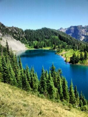 A blue alpine lake surrounded by green meadows, forest and rocky hillsides