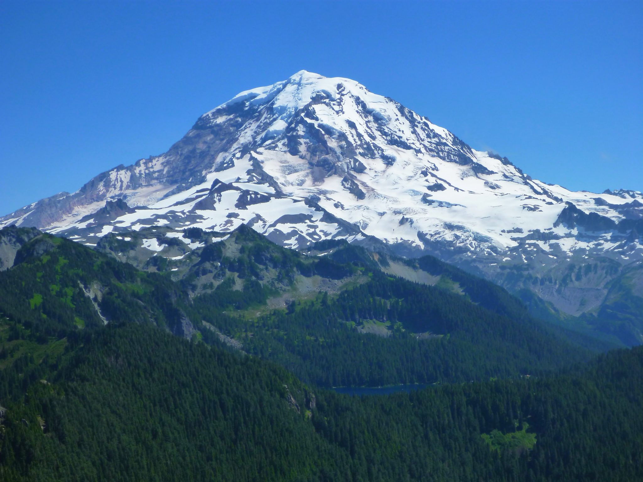The Tolmie Peak Lookout hike has epic views of Mt Rainier. Here it is filling the frame against a clear blue sky with forested hillsides in the foreground