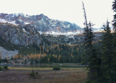 On a cloudy day at dusk, a shallow lake is surrounded by a meadow, evergreen trees and golden larch trees. The mountains around the lake have a light dusting of new snow