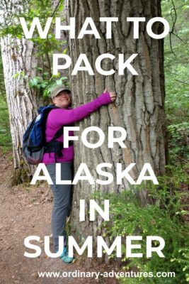 A women wearing gray pants and a long sleeved purple shirt is hugging an old growth tree next to a trail. She also has a blue backpack and a beige hat. Text reads: what to pack for alaska in summer