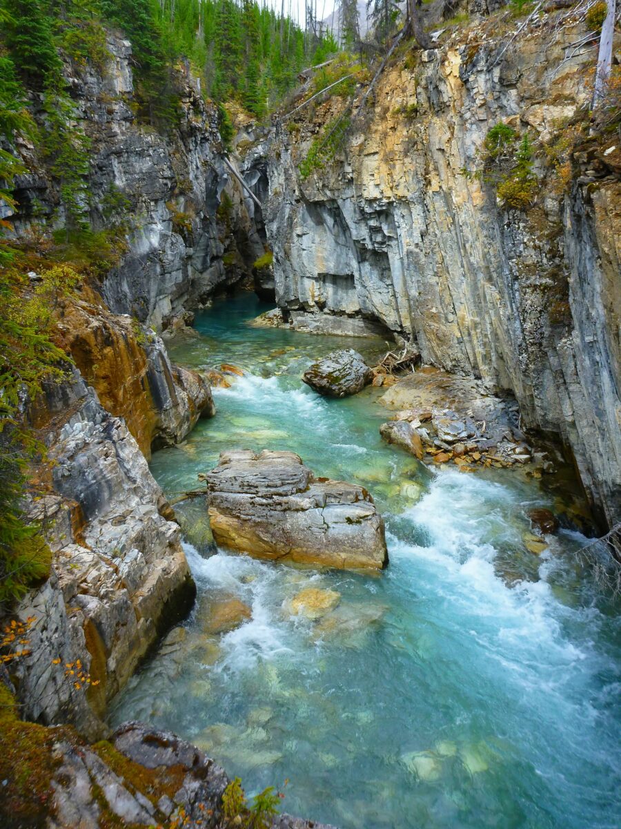 Stunning clear water rushes through Marble Canyon in Kootenay National Park. There are steep rock walls and green trees around the top
