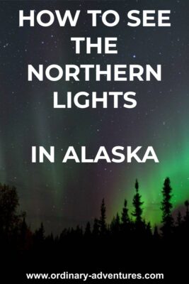 Purple and green aurora light a dark sky full of stars in Fairbanks. Text reads How to see the northern lights in Alaska.