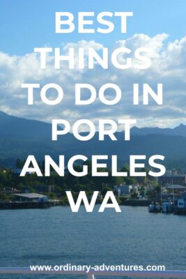 A town is seen from a ship pulling away from the harbor on a partly cloudy day. There are mountains in the background. Text reads: best things to do in Port Angeles WA