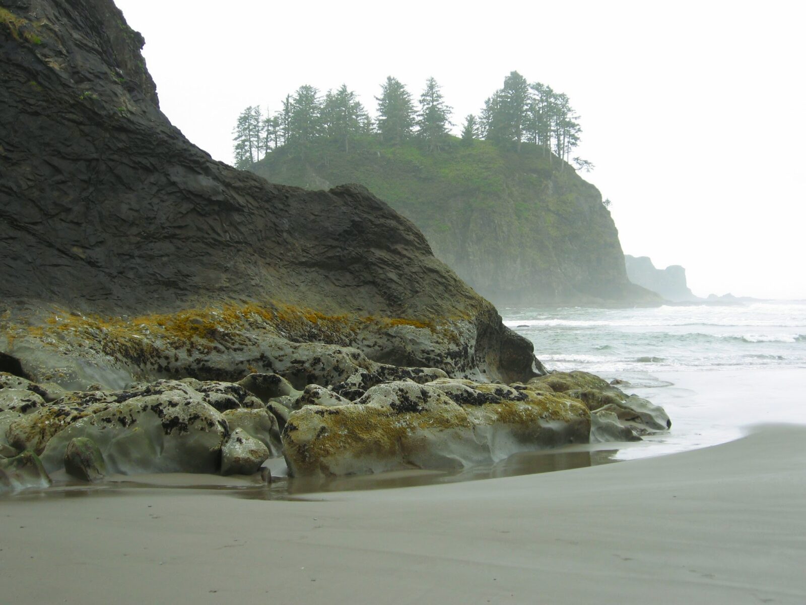 A foggy day on a sandy beach at the ocean. There are rocks in the foreground and forested and rocky islands in the water