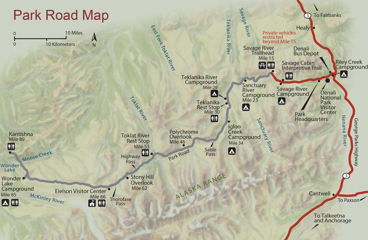 A map of Denali National park roads and campgrounds