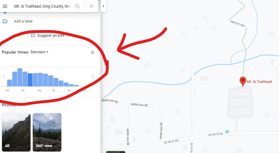 A screenshot of google maps showing the most popular times at the Mt Si Trailhead. This is a helpful tool to look for less crowded times on popular hikes.