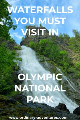 A wide waterfall seeing from below coming over a boulder field with rocks and trees on each side. Text reads: waterfalls you must visit in Olympic national park