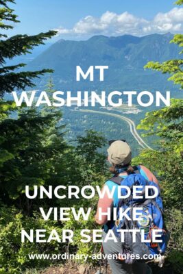 Mt Si and other peaks are seen across the valley of North Bend from the Mt Washington summit. Text reads: Mt Washington uncrowded view hike near seattle