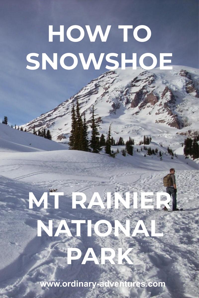 Mt Rainier in winter against a blue sky. There are evergreen trees in the foreground. A hiker is looking at the view. Text reads: Snowshoe Mt Rainier National Park