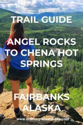 A hiker looks out at the view of the forest and river valley. Text reads: Trail Guide Angel Rocks to Chena Hot Springs Fairbanks Alaska