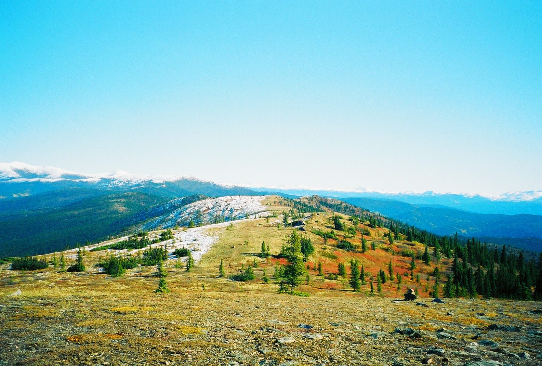 A trail in the tundra above the treeline, looking out towards distant forest and mountains. A dusting of snow is on a nearby hillside on the angel rocks trail