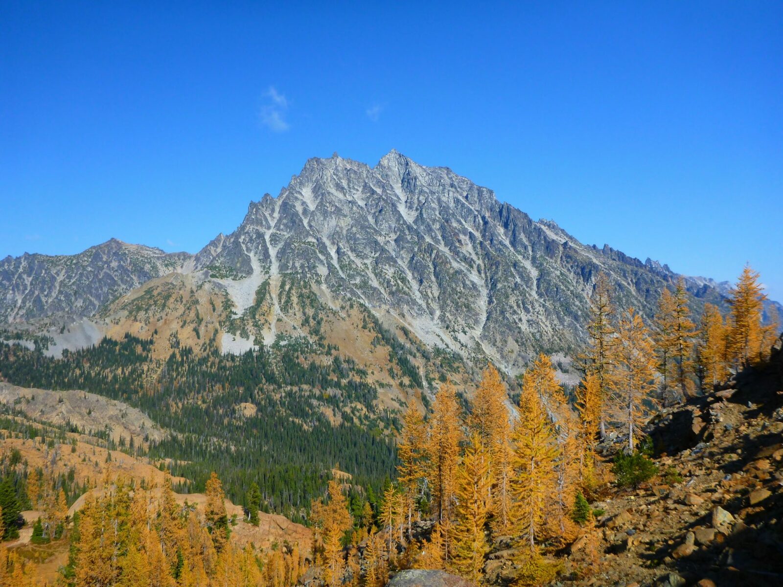 A high granite mountain against a blue sky. Golden larch trees frame the mountain in the foreground on one of the best larch hikes in washington, Lake Ingalls