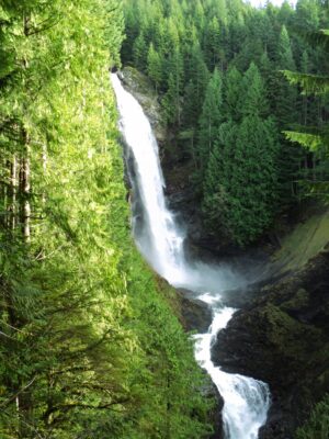 A high narrow waterfall comes down multiple cascades through an evergreen forest in wallace falls state park