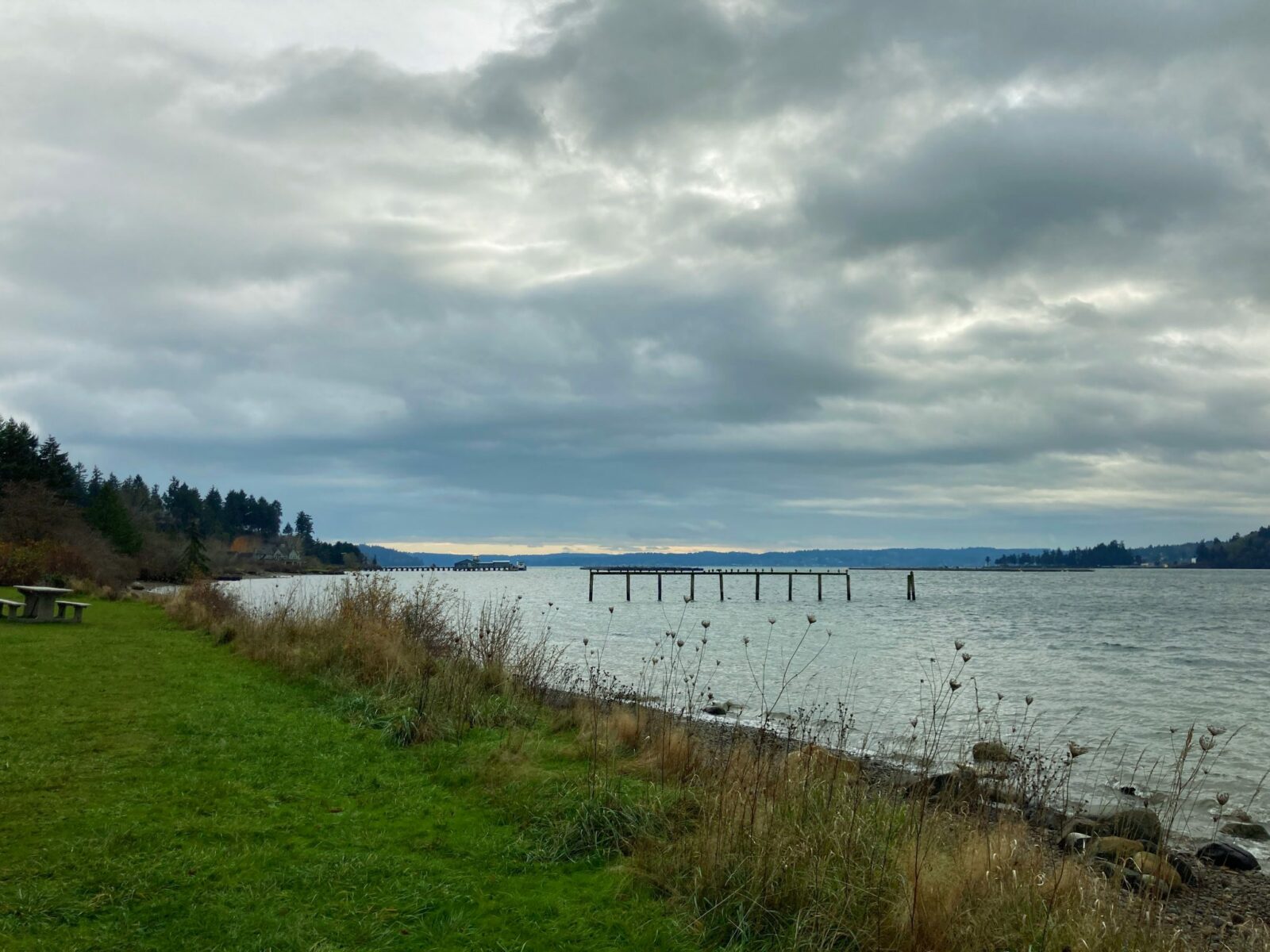 Pilings from an old pier in the water next to a rocky beach in Fort Ward Park. There is grass, a picnic table and evergreen trees next to the beach. It's an overcast winter day. Fort Ward has several miles of trails, a beautiful hike on bainbridge island