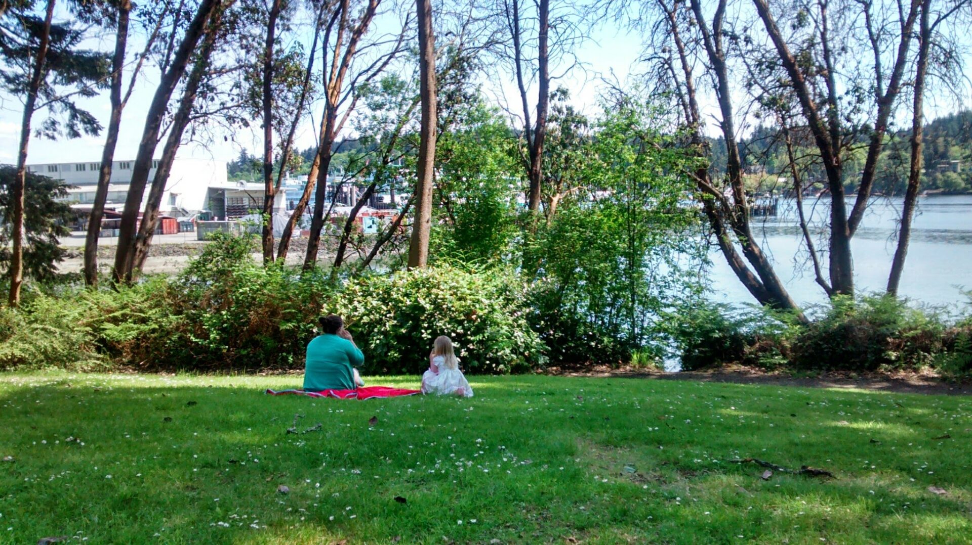 A woman and a child sitting on a picnic blanket on the grass. There are trees around them and a shoreline beyond. 