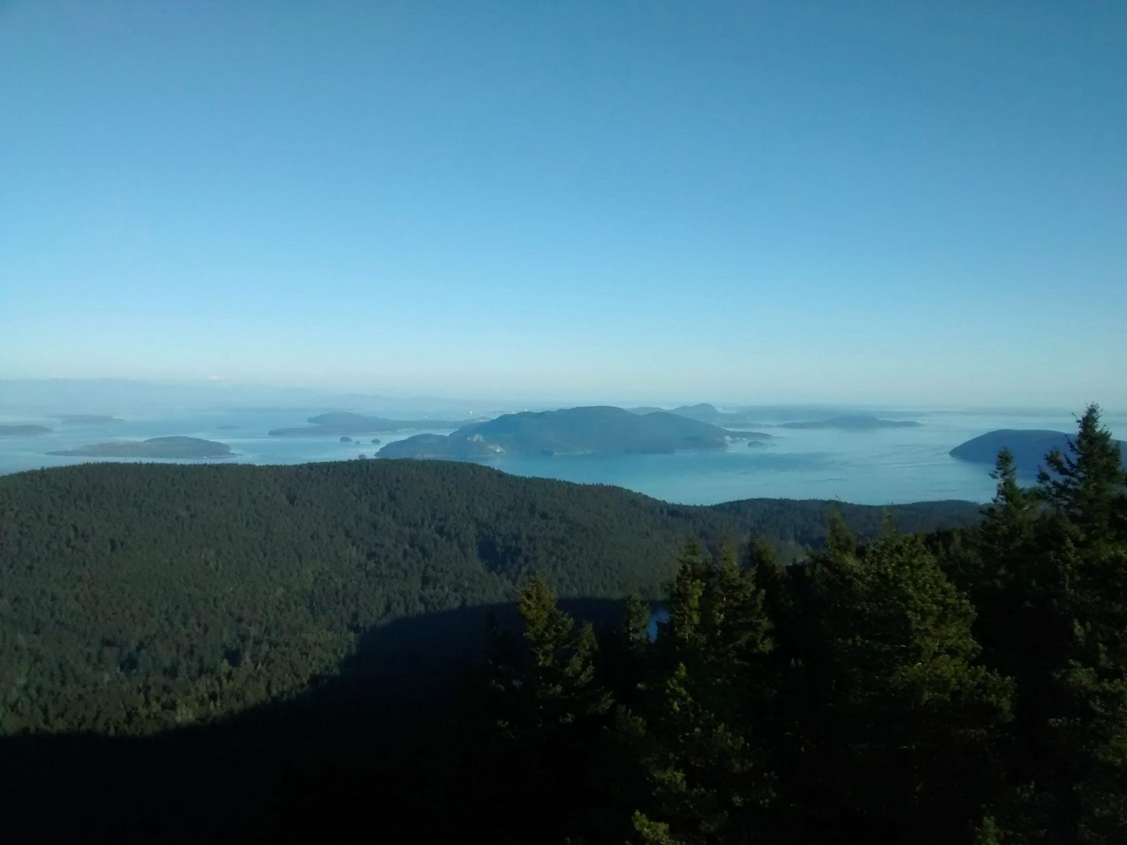 View from a high place above the forest. There are near and distant forested islands in a blue sea on a sunny, clear day