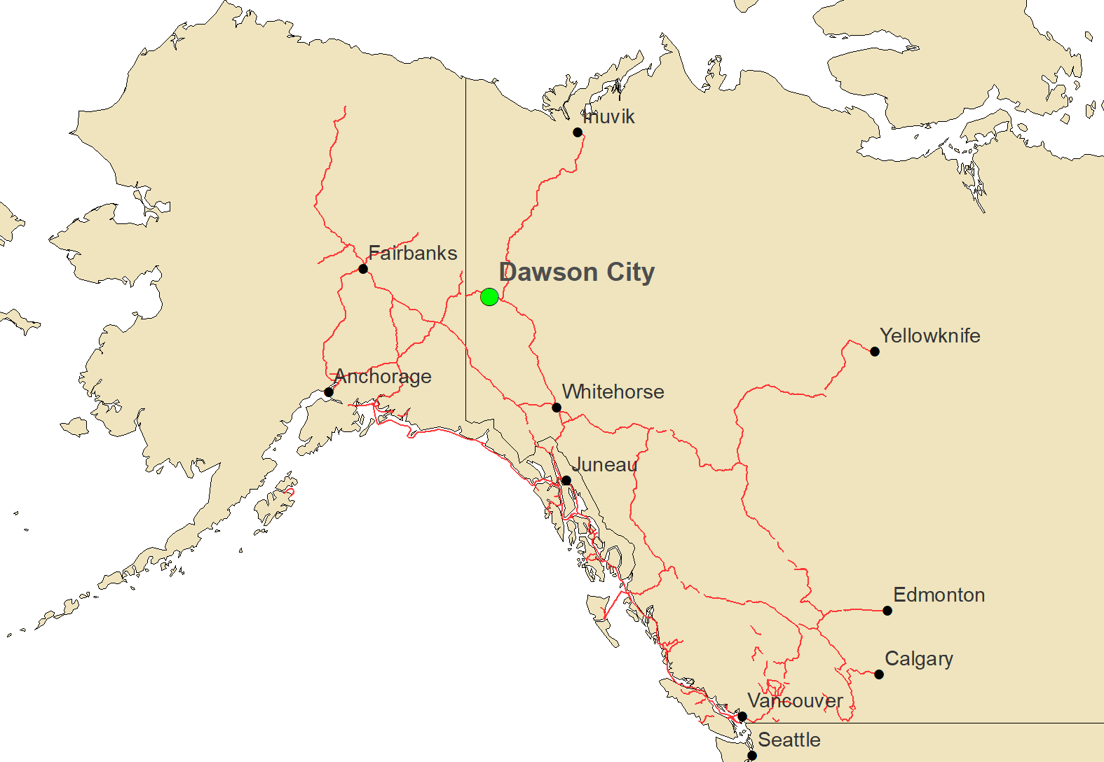 map of alaska and western canada showing the location of Dawson City