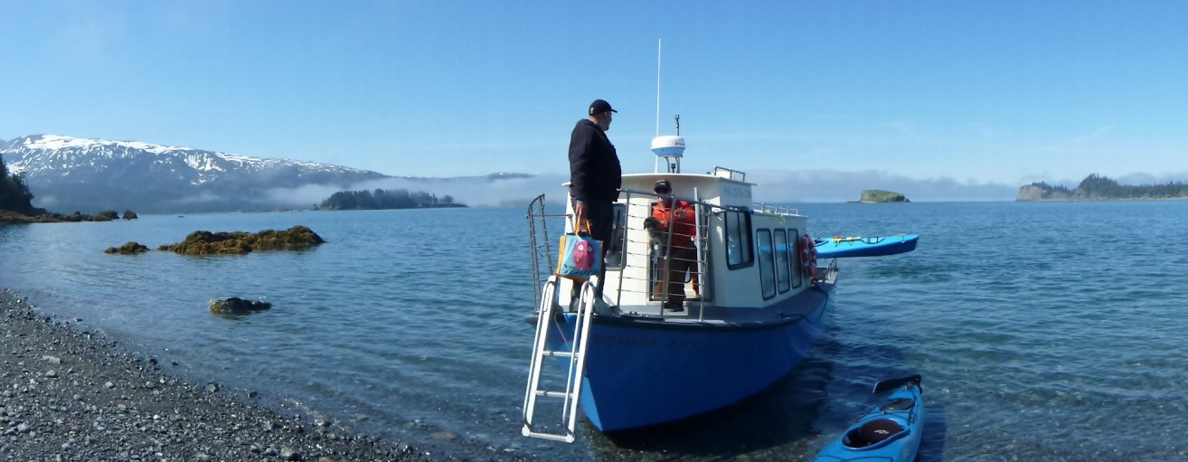 A small boat is beached to let passengers and kayaks ashore on a remote rocky beach. The boat has a white cabin and a blue hull and a ladder to get to the beach. There are rocky islands and mountains in the background