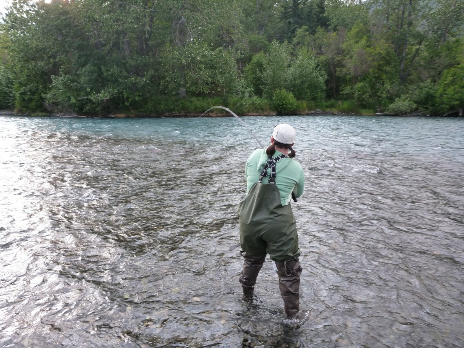 A woman wearing hip waders and a hat is fishing for salmon in the Russian River in Alaska. The river is surrounded by forest