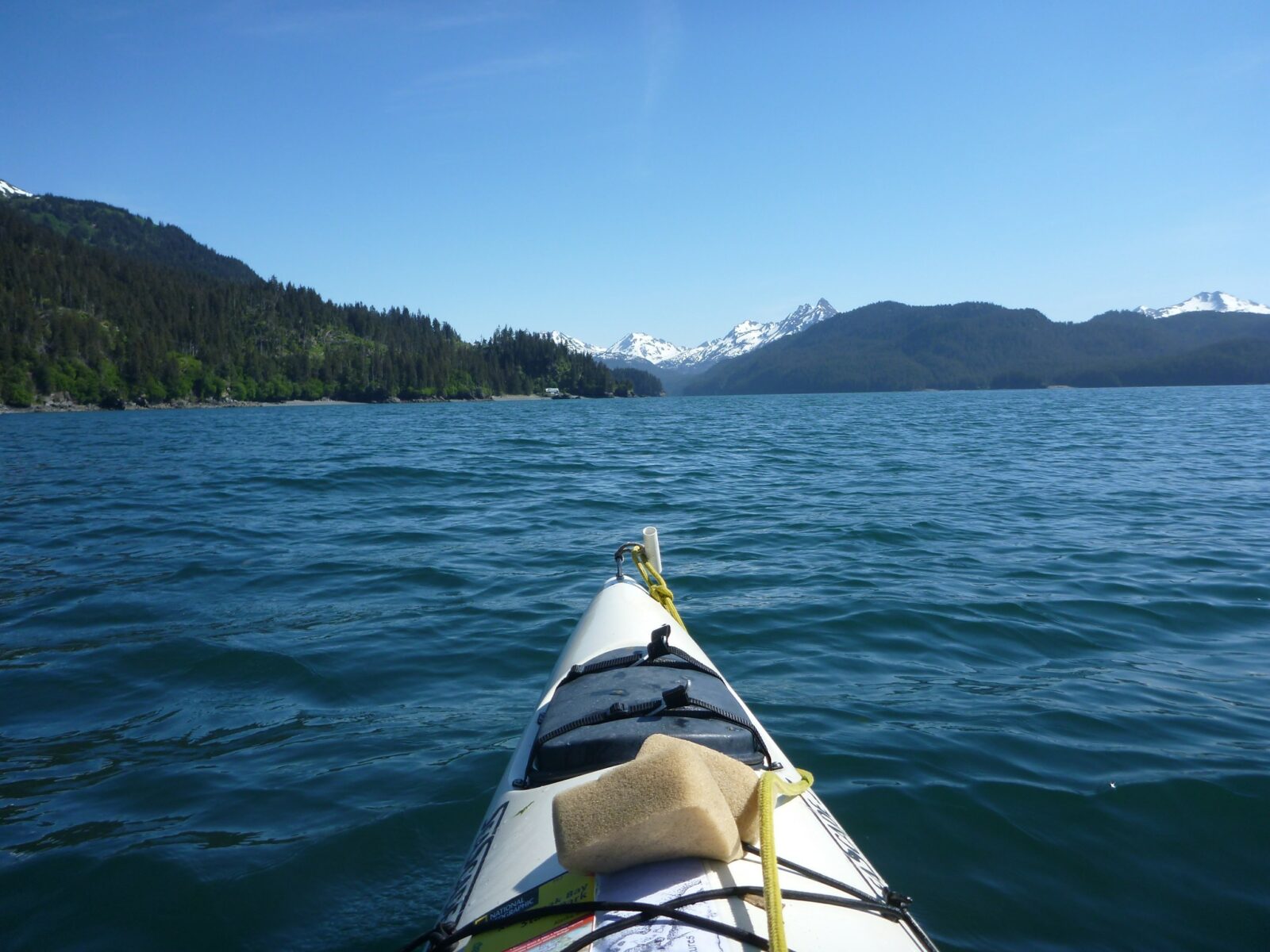 The front of a white kayak in Kachemak Bay near Homer, Alaska. There are high snowcapped mountains in the distance and forested hillsides